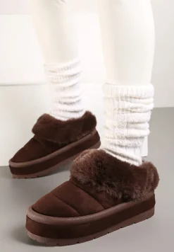 Brązowe Niskie Śniegowce Ekozamszowe na Platformie z Pikowaniem i Futerkiem Realira