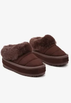 Brązowe Niskie Śniegowce Ekozamszowe na Platformie z Pikowaniem i Futerkiem Realira