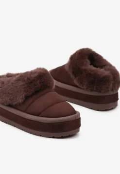 Brązowe Niskie Śniegowce Ekozamszowe na Platformie z Pikowaniem i Futerkiem Realira