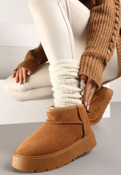 Brązowe Niskie Śniegowce ze Skóry Naturalnej Mocno Ocieplane Rialithe