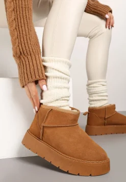 Brązowe Niskie Śniegowce ze Skóry Naturalnej Mocno Ocieplane Rialithe