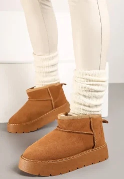 Brązowe Niskie Śniegowce ze Skóry Naturalnej Mocno Ocieplane Rialithe