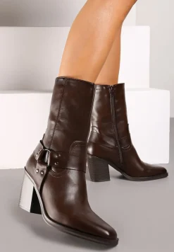 Brązowe Ocieplane Botki na Stożkowym Obcasie z Ozdobną Klamrą Verinique