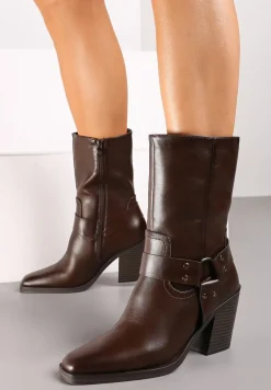 Brązowe Ocieplane Botki na Stożkowym Obcasie z Ozdobną Klamrą Verinique