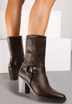 Brązowe Ocieplane Botki na Stożkowym Obcasie z Ozdobną Klamrą Verinique