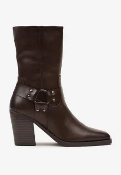 Brązowe Ocieplane Botki na Stożkowym Obcasie z Ozdobną Klamrą Verinique