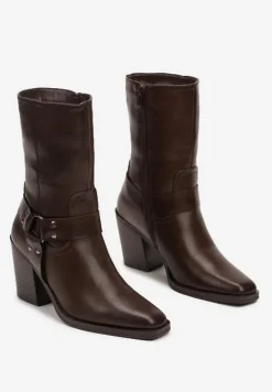 Brązowe Ocieplane Botki na Stożkowym Obcasie z Ozdobną Klamrą Verinique
