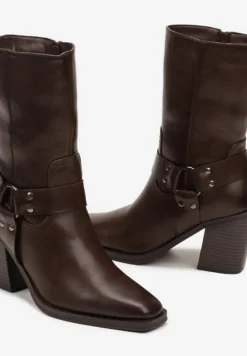 Brązowe Ocieplane Botki na Stożkowym Obcasie z Ozdobną Klamrą Verinique