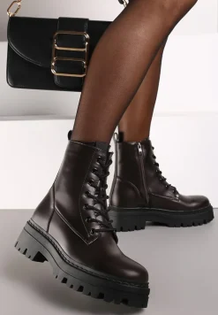 Brązowe Ocieplane Botki na Platformie w Stylu Workerów ze Sznurowaniem Vaivellea