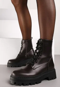 Brązowe Ocieplane Botki na Platformie w Stylu Workerów ze Sznurowaniem Vaivellea