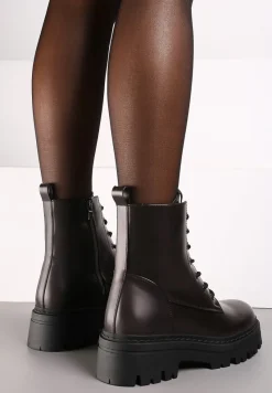 Brązowe Ocieplane Botki na Platformie w Stylu Workerów ze Sznurowaniem Vaivellea