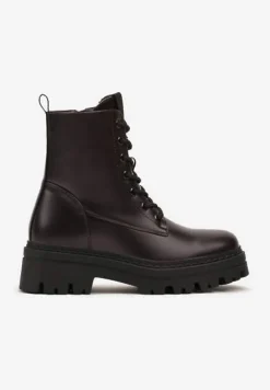 Brązowe Ocieplane Botki na Platformie w Stylu Workerów ze Sznurowaniem Vaivellea