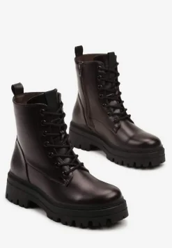Brązowe Ocieplane Botki na Platformie w Stylu Workerów ze Sznurowaniem Vaivellea
