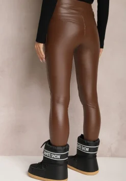 Brązowe Ocieplane Legginsy z Imitacji Skóry Prasata