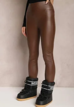 Brązowe Ocieplane Legginsy z Imitacji Skóry Prasata
