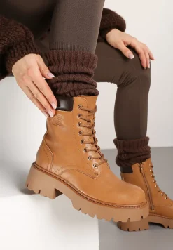 Brązowe Ocieplane Sznurowane Botki Vices na Płaskiej Podeszwie Ozdobione Tłoczeniem Zerilea