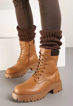 Brązowe Ocieplane Sznurowane Botki Vices na Płaskiej Podeszwie Ozdobione Tłoczeniem Zerilea