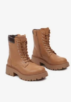 Brązowe Ocieplane Sznurowane Botki Vices na Płaskiej Podeszwie Ozdobione Tłoczeniem Zerilea