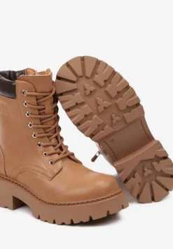 Brązowe Ocieplane Sznurowane Botki Vices na Płaskiej Podeszwie Ozdobione Tłoczeniem Zerilea