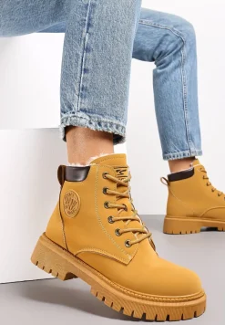 Brązowe Ocieplane Traperki ze Sznurowaniem z Ozdobnymi Przeszyciami Hamsh