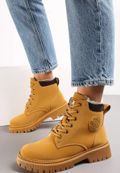 Brązowe Ocieplane Traperki ze Sznurowaniem z Ozdobnymi Przeszyciami Hamsh