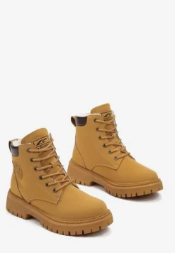 Brązowe Ocieplane Traperki ze Sznurowaniem z Ozdobnymi Przeszyciami Hamsh