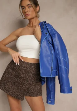 Brązowe Panterkowe Spódnico-Szorty z Bawełny High Waist o Asymetrycznym Kroju z Guzikami Semiressa