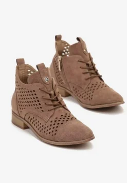 Brązowe Płaskie Botki z Ażurowym Zdobieniem Skórzaną Wkładką i Sznurowaniem Jagelia