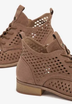 Brązowe Płaskie Botki z Ażurowym Zdobieniem Skórzaną Wkładką i Sznurowaniem Jagelia