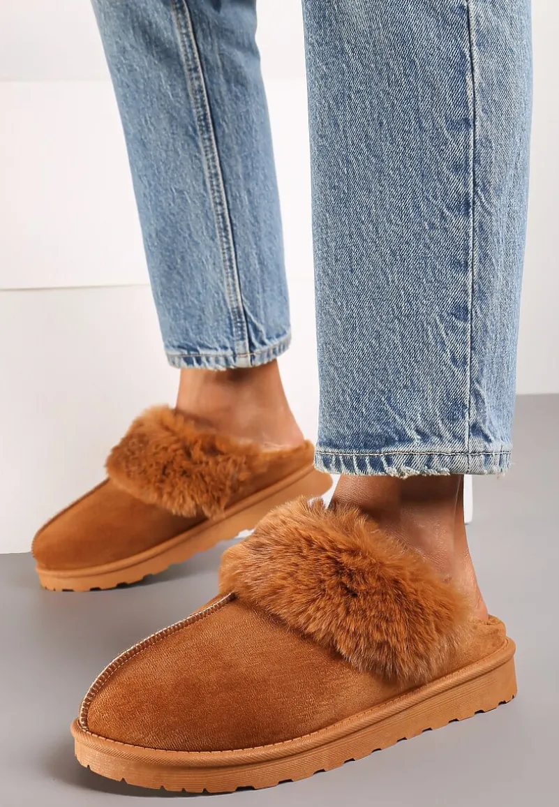 Brązowe Płaskie Kapcie Ozdobione Futerkiem Avettria