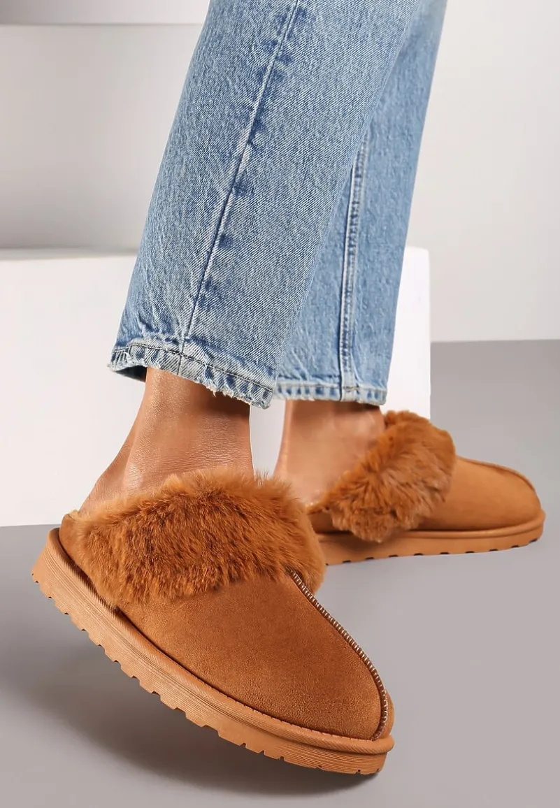 Brązowe Płaskie Kapcie Ozdobione Futerkiem Avettria