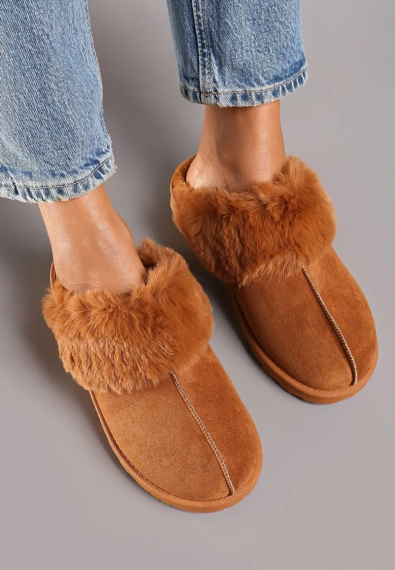 Brązowe Płaskie Kapcie Ozdobione Futerkiem Avettria