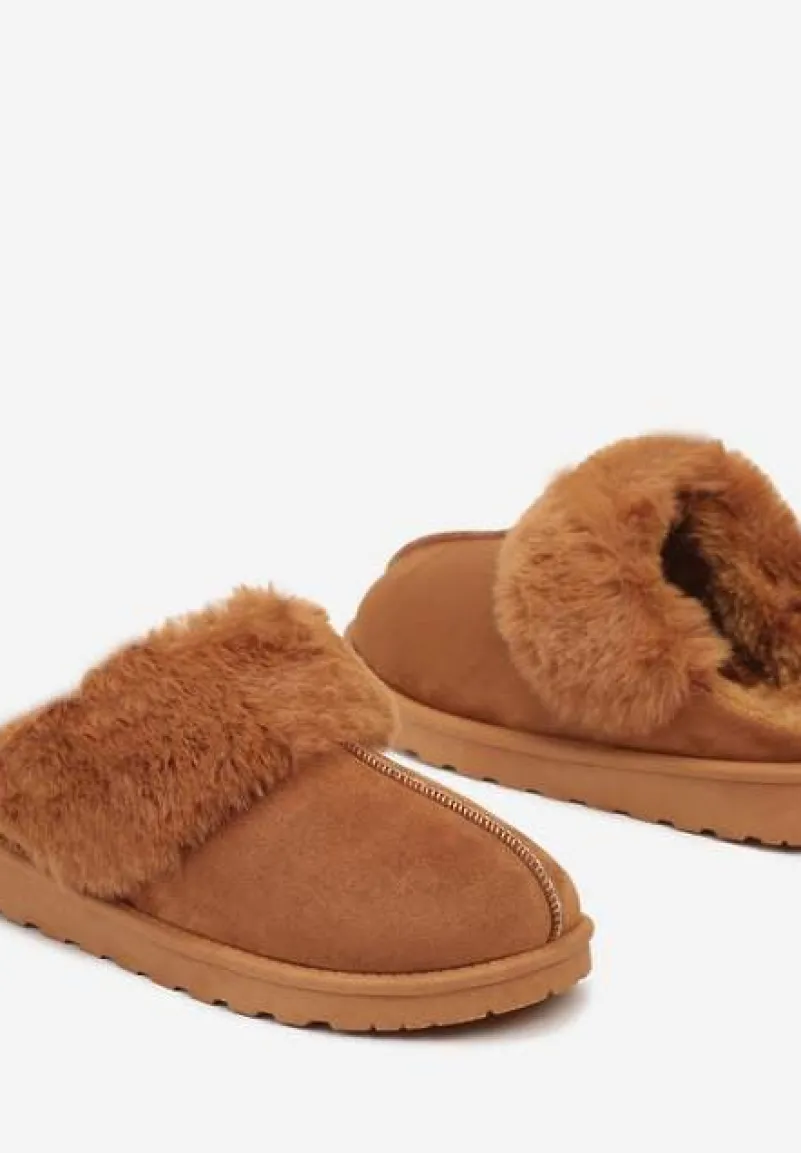 Brązowe Płaskie Kapcie Ozdobione Futerkiem Avettria