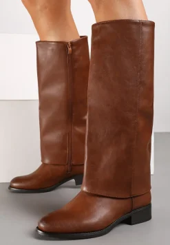 Brązowe Płaskie Kozaki Ozdobione Szeroką Wywiniętą Cholewką Ettelise