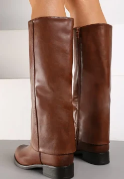 Brązowe Płaskie Kozaki Ozdobione Szeroką Wywiniętą Cholewką Ettelise