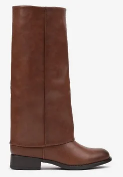 Brązowe Płaskie Kozaki Ozdobione Szeroką Wywiniętą Cholewką Ettelise