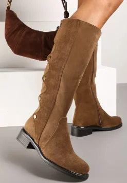 Brązowe Płaskie Kozaki Ozdobione Napami z Ociepleniem Zinetia