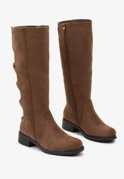 Brązowe Płaskie Kozaki Ozdobione Napami z Ociepleniem Zinetia