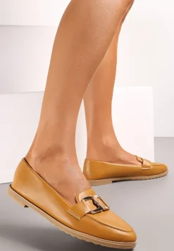 Brązowe Płaskie Mokasyny z Klamerką i Przeszyciem z Przodu Talda