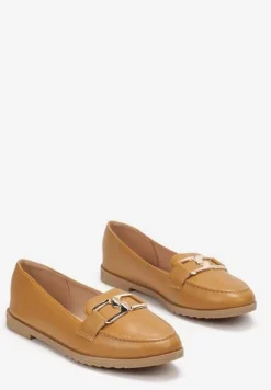Brązowe Płaskie Mokasyny z Klamerką i Przeszyciem z Przodu Talda
