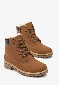 Brązowe Płaskie Sznurowane Trapery z Ociepleniem Mennalea