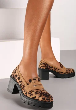 Brązowe Półbuty Mokasyny na Słupku Stylizowanym na Drewniany Ozdobiony Paskiem Vericela