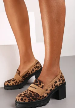 Brązowe Półbuty Mokasyny na Słupku Stylizowanym na Drewniany Ozdobiony Paskiem Vericela