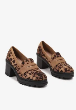 Brązowe Półbuty Mokasyny na Słupku Stylizowanym na Drewniany Ozdobiony Paskiem Vericela