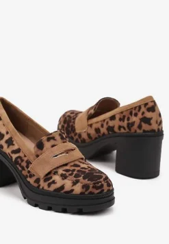 Brązowe Półbuty Mokasyny na Słupku Stylizowanym na Drewniany Ozdobiony Paskiem Vericela