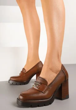 Brązowe Półbuty na Niskiej Platformie i Słupku z Metalową Klamrą Lerinnes