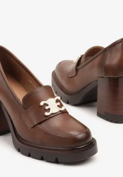 Brązowe Półbuty na Niskiej Platformie i Słupku z Metalową Klamrą Lerinnes