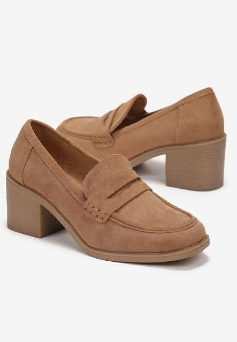 Brązowe Półbuty na Słupku z Kwadratowym Noskiem Zeze