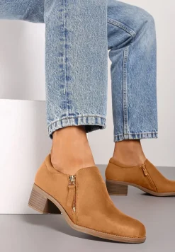 Brązowe Półbuty na Słupku z Niską Cholewką Ozdobioną Suwakiem Ansolee