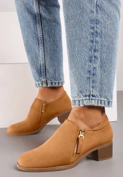 Brązowe Półbuty na Słupku z Niską Cholewką Ozdobioną Suwakiem Ansolee